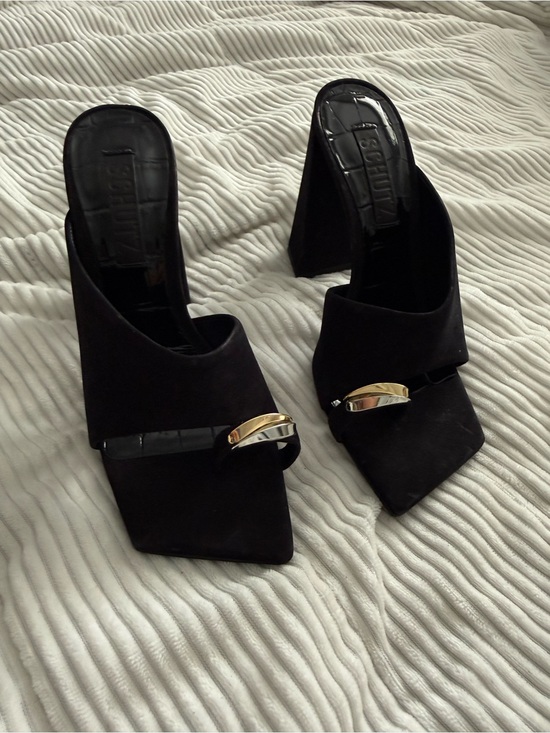Shutz Shoes - Women's Black Suede Heeled Mules with Gold Accent